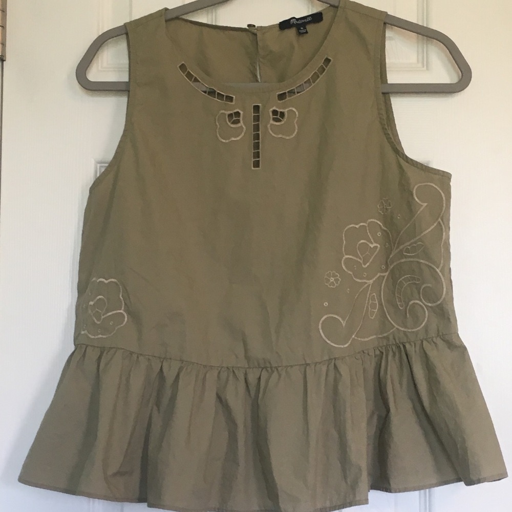Madewell olive peplum top embroidered